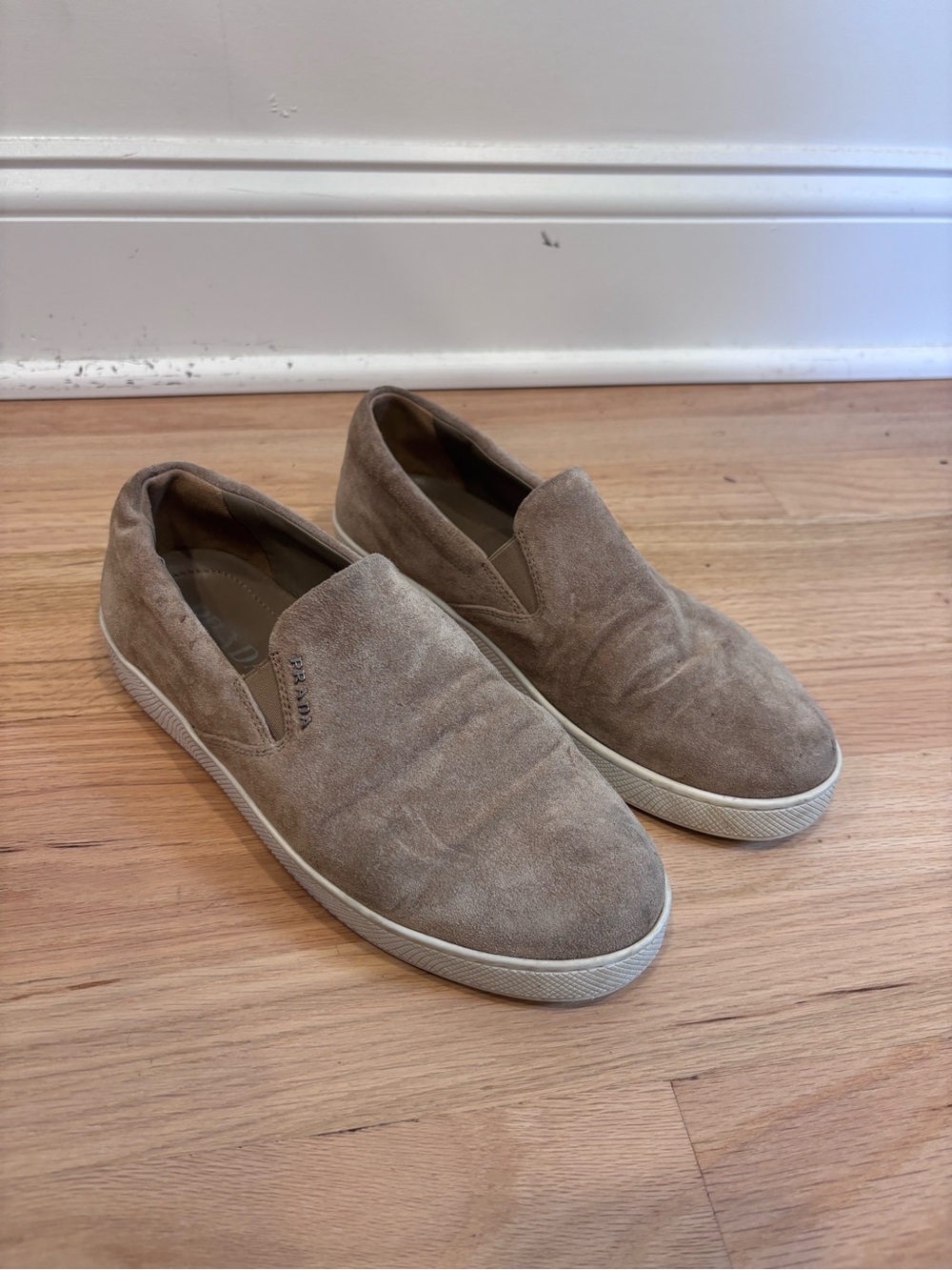 Prada taupe suede rubber sole slip on sneakers size 37